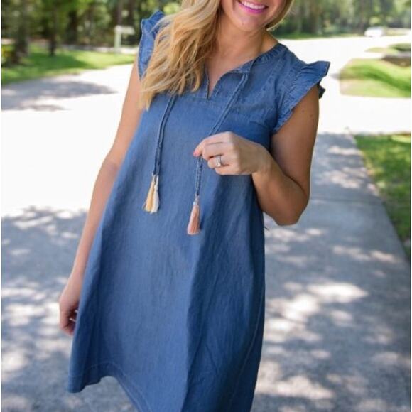 LOFT Cap Sleeve Chambray Dress w/ Tassels Size Small Petite Lightweight Casual - Picture 3 of 9
